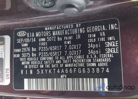 2015 Kia Sorento Lx from USA, damaged, VIN 5XYKT4A66FG633874